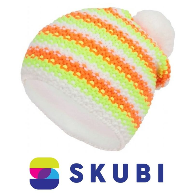  Polar Fashion W262A - Teplá zimní čepice pletená - Oranžová &amp; limetková s barevnými pruhy