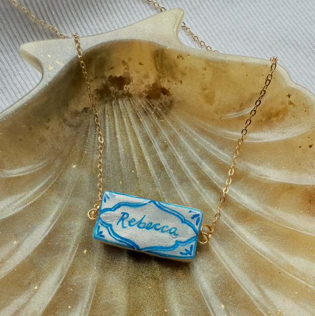 Personalised Hand Painted Name Necklace – Custom Blue & White Pendant