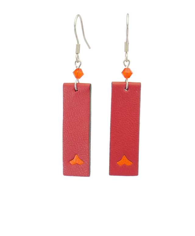 Boucles d’oreilles « Double barre » hypoallergéniques, cuir rouge vermillon et orange vif