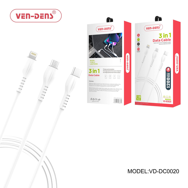 3 In 1 USB to Type C Lightning and Micro Charging Cable 2.5A(1.2 Meter) (Qty 10)