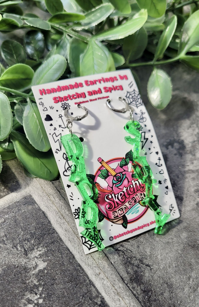Earrings- DADDY / SLUTTY Green Glitter Earrings | Stainless Steel Lever back Hoops