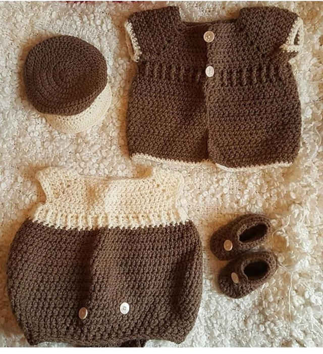 Romper Set Unique Handmade Crochet Brown Cream Cardigan Cap Shoes 3-6m