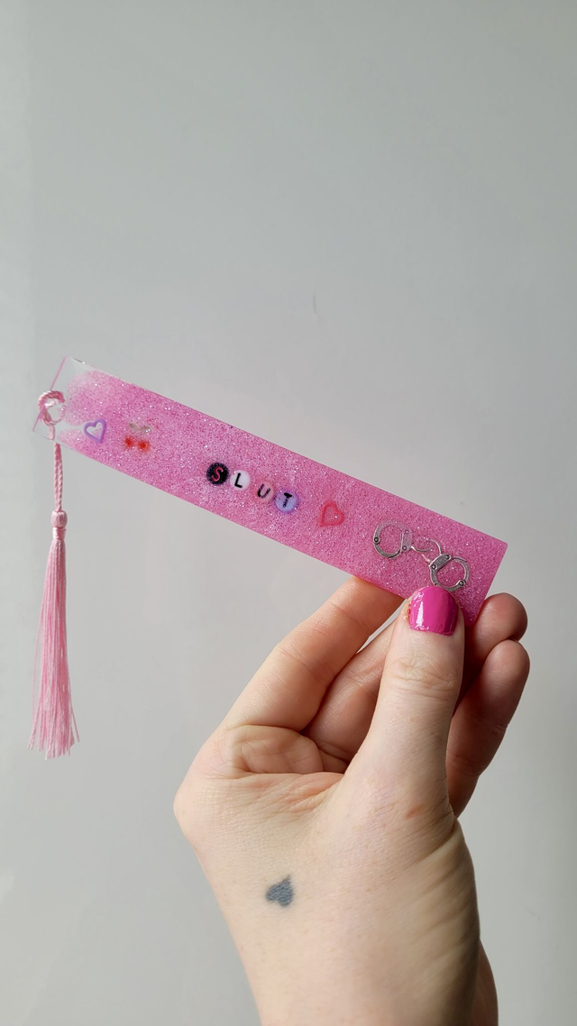 Bookmark - SLUT - Pink Glitter with Handcuffs