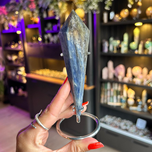 Blue Kyanite and Golden Healer Wand on Stand R54J4