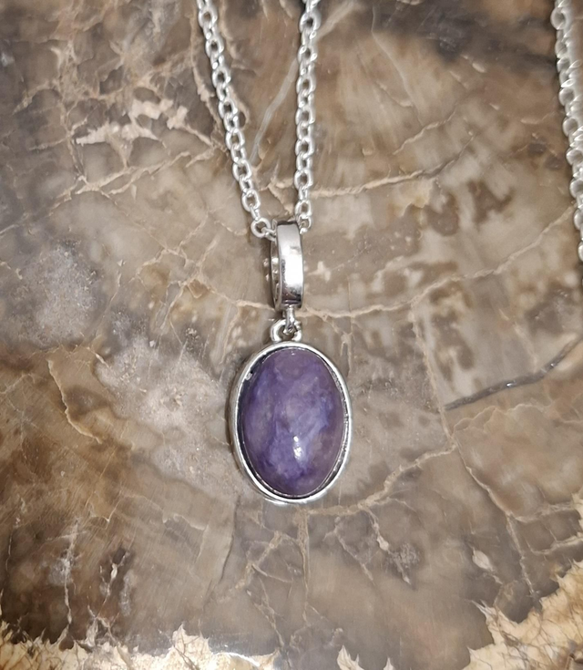 Charoite Crystal pendant with silver plated chain 