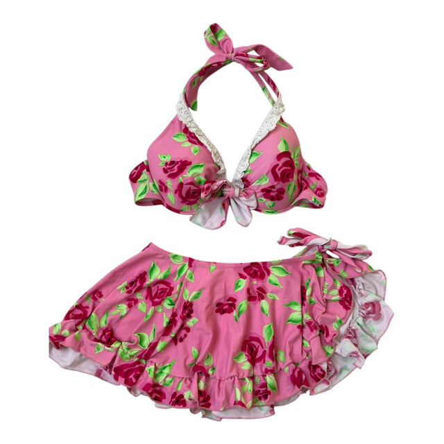 coquette white and pink floral japanese 3 piece bikini set