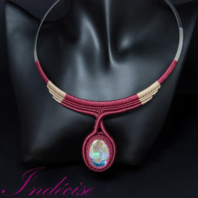 Collier rouge et or avec cristal AB serti en macramé, ras-de-cou en acier inoxydable