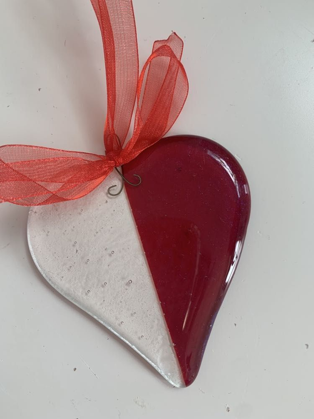 Heart Suncatcher Red and Clear Full Fused Glass Gift approx. 9cm (230105)