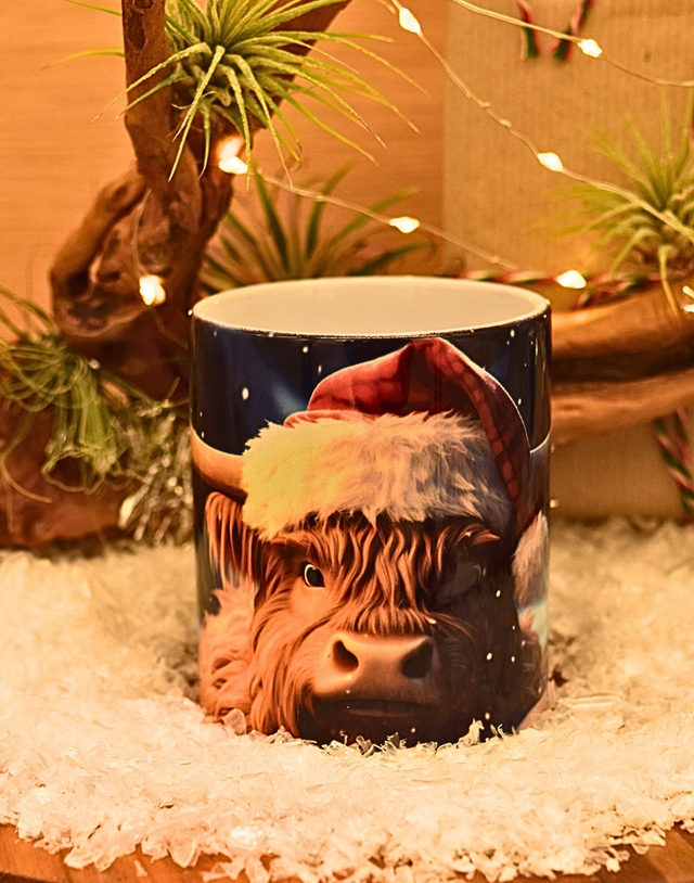 Festive Highland Cow Christmas Mug – Cosy Starry Night Design (310ml) 