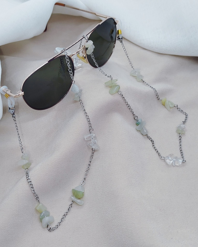 Chaîne de lunettes 78 cm acier inoxydable et pierres naturelles baroques. (jade vert translucide, cristal de roche)
