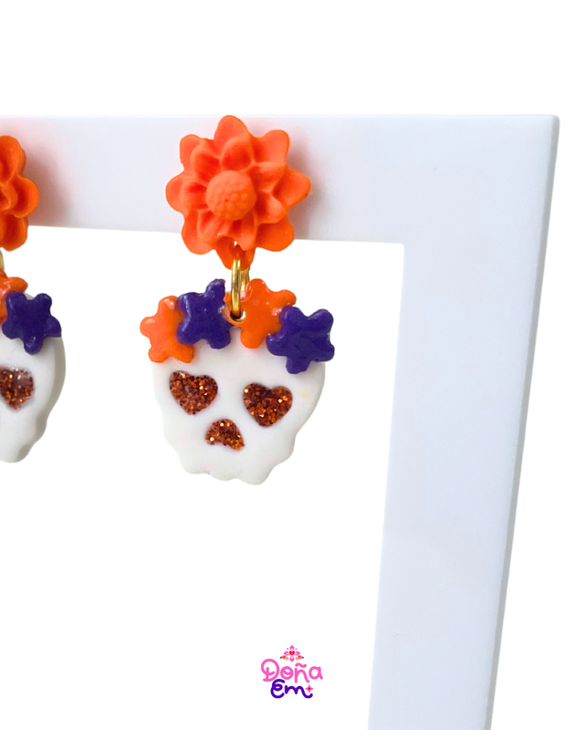 Boucles d'oreilles "Calavera" - Fleurs oranges et violettes, yeux violets