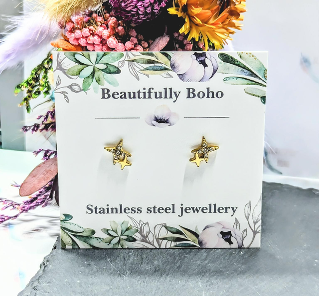 Gold Tone Plated Stainless Steel Star Crystal Stud Earrings 