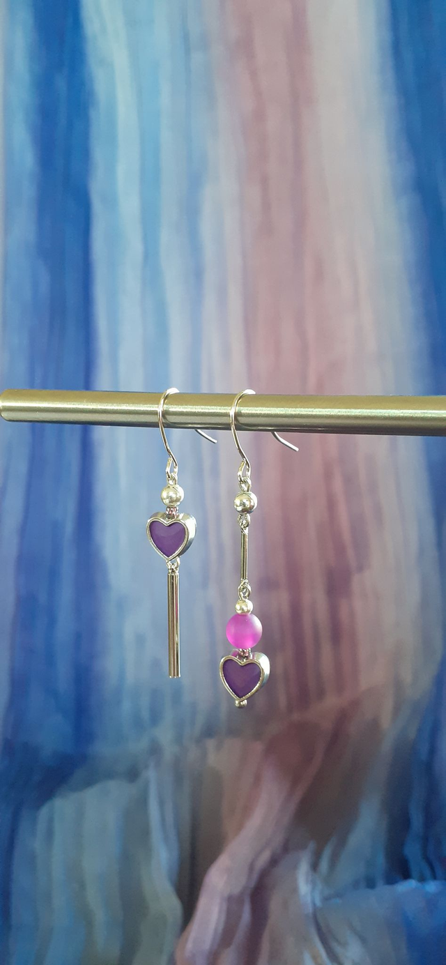 Parure argentée, Serce Collier & Boucles d'oreilles asymétriques & Bracelet, petits cœurs et perle violette