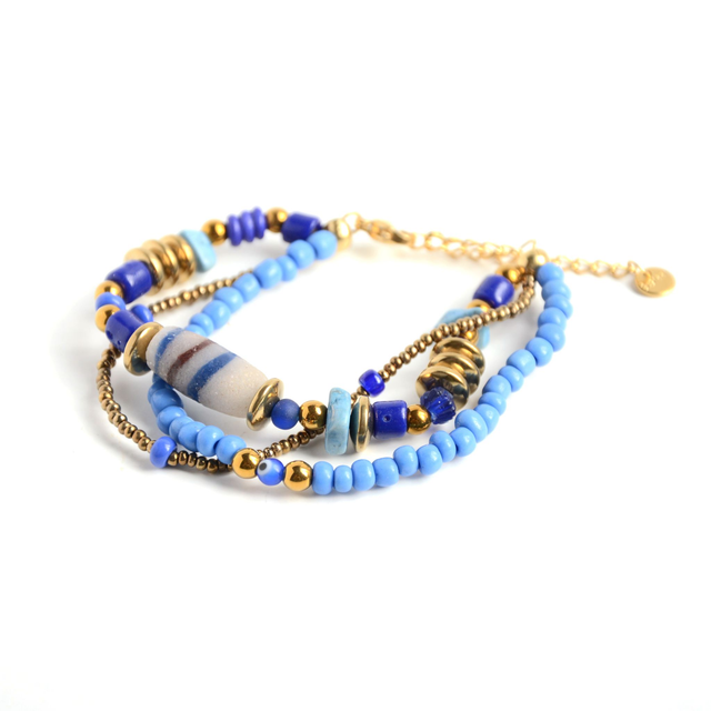 Bracelet éco-responsable Multirangs - PERLES Africaines et hématite dorée ACIER inoxydable - Pièce Unique 