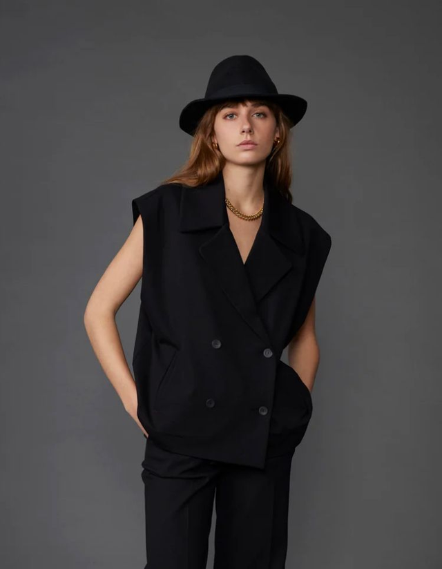 Black Sleeveless Double Breasted Oversized Tailored Jacket