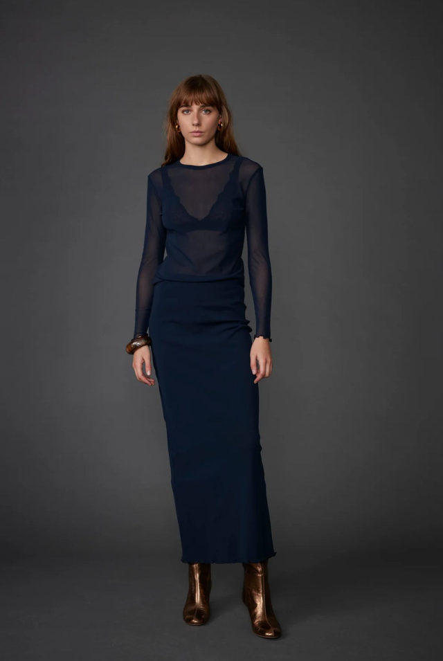 Navy Mesh Maxi Skirt