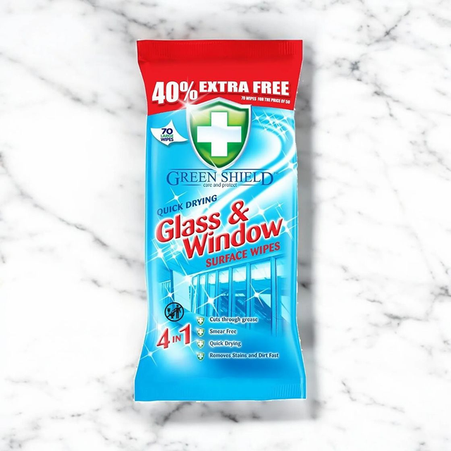 Green Shield Quick Drying Glass & Window Surface Wipes - 70 Pack