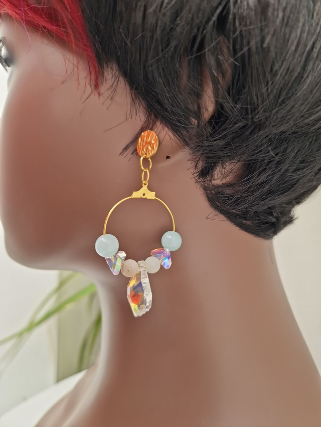 Boucles D'oreilles Acier Créoles Pierres Amazonite Bleu Cristal