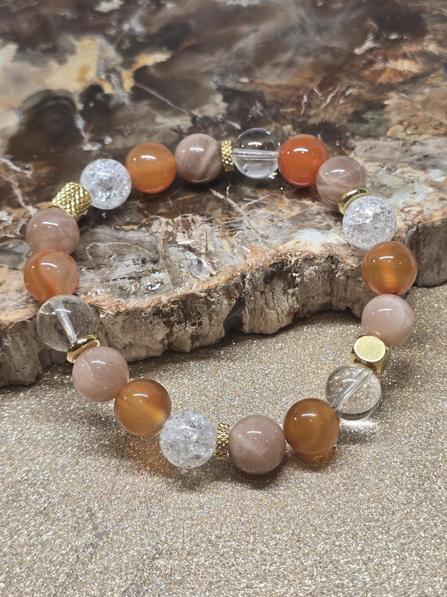 Bracelet Cornaline, Pierre de lune, Cristal de roche en 1 cm