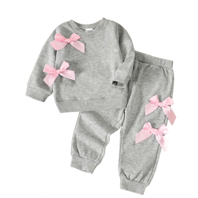 2-delige set broek met trui grijs met strikjes