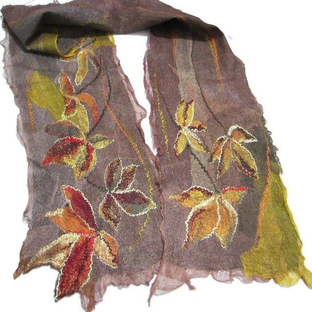 Sciarpa feltro lana merino seta Sciarpa artistica Caldo lunga oro marrone Infeltrimento fatto a mano