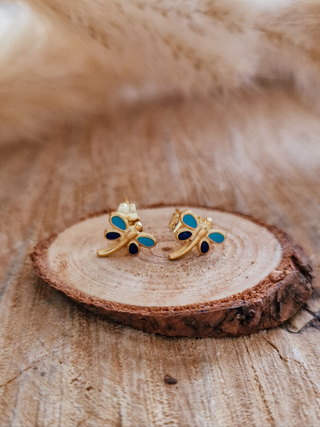 Boucles d'oreilles puces "Libellules" - Modèle bleu