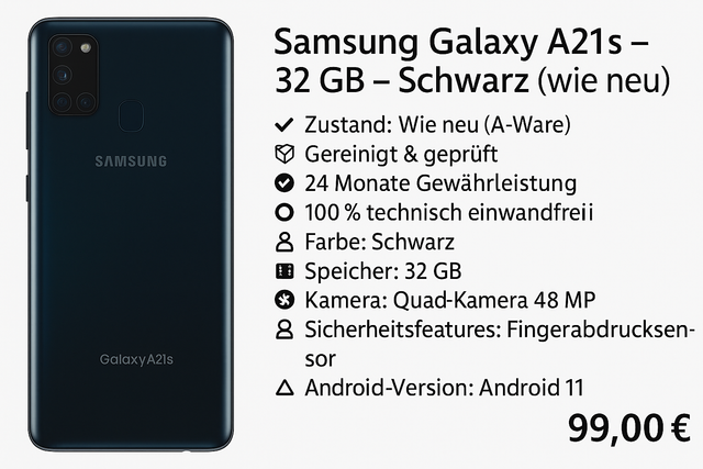 📱 Samsung Galaxy A21s – 32 GB – Schwarz (wie neu)