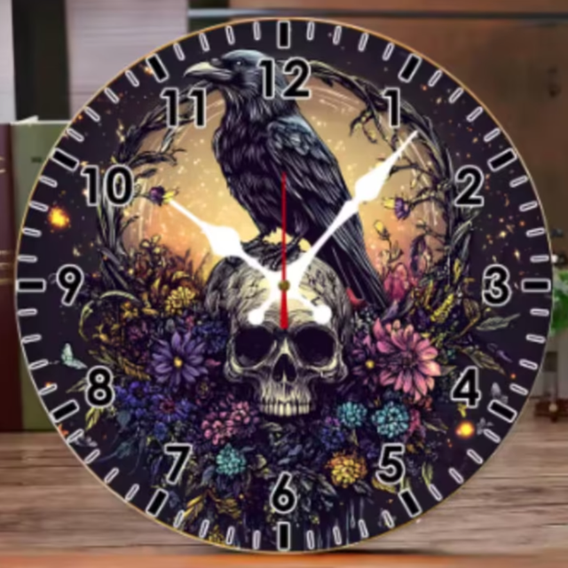 Ronde wandklok van hout Schedel met Vogel (25cm)