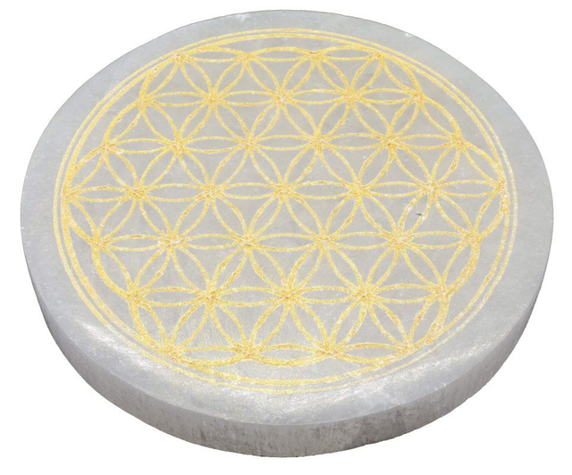 Plaque sélénite,fleur de vie doré, 10cm