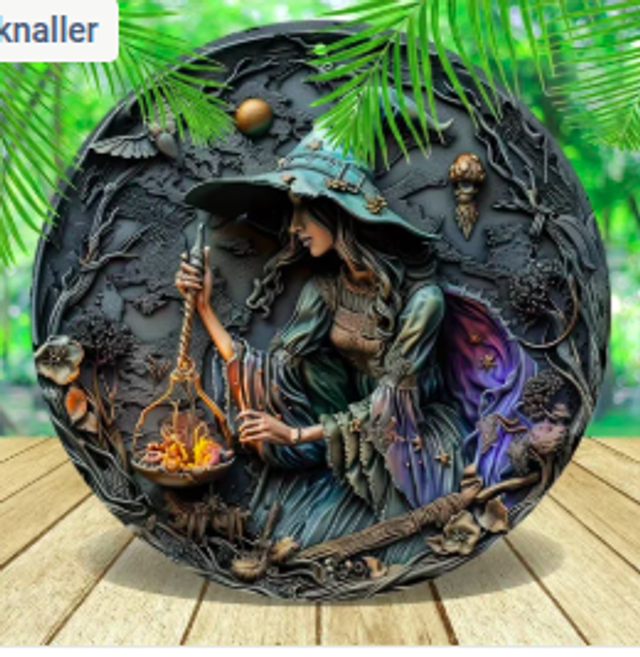 Wanddecoratie metalen bord Heks met brouwsel (20cm diameter)