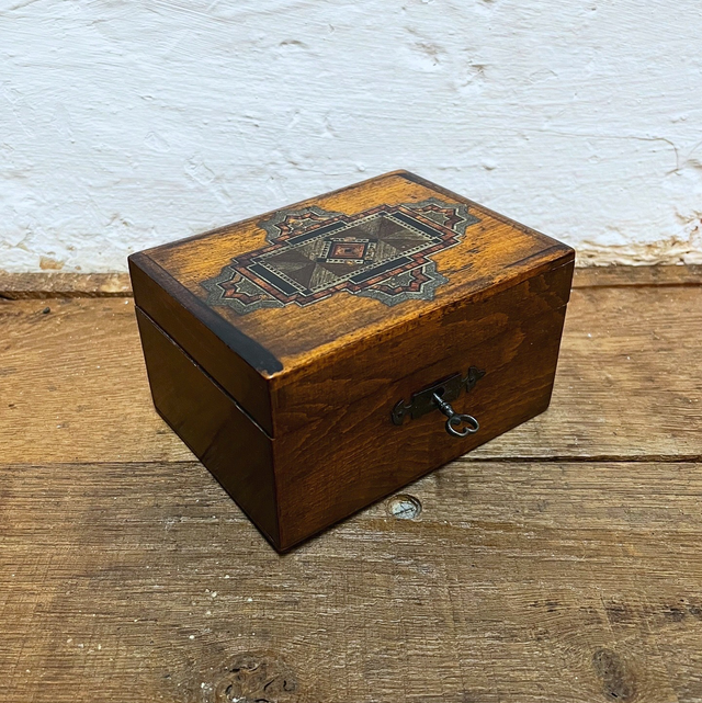 Victorian Hand-Painted Wooden Money Box, with Original Key - England, Late 19th Century