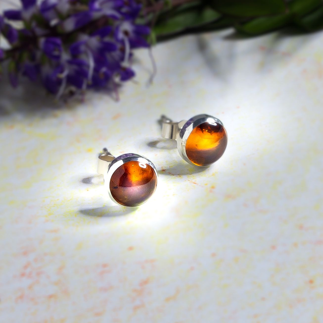 Pendientes de botón en plata 925 y ámbar