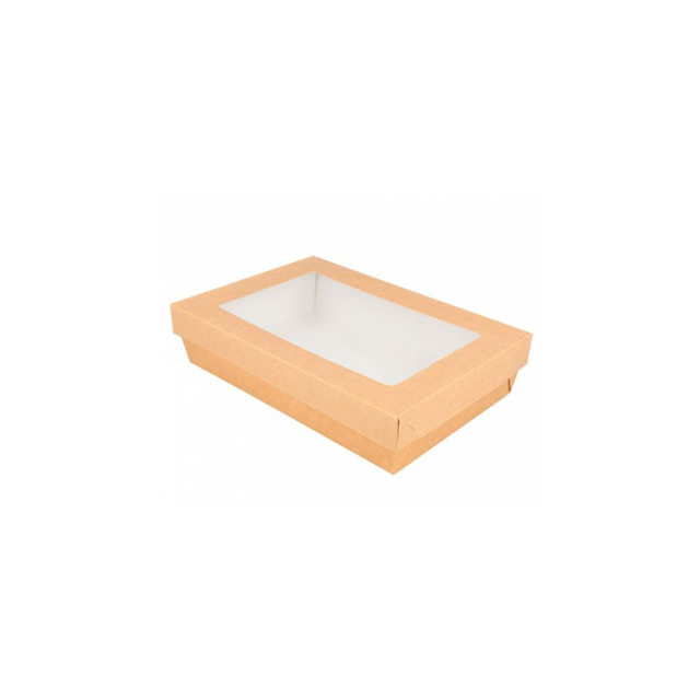 Scatola in cartoncino Kraft con coperchio a finestra 1500 ml. 22,7x15,7x5,0 cm.