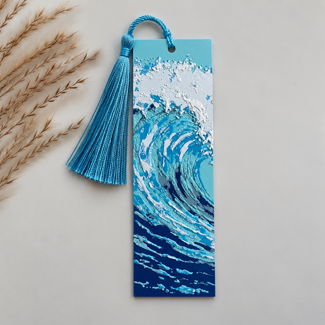 Ocean Wave 3D Printed Bookmark with Tassel – Blue Sea Design