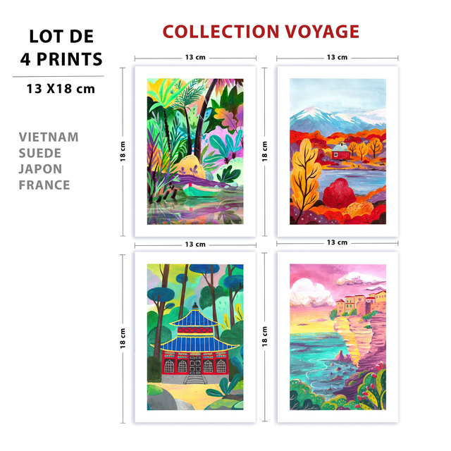 Lot de 4 Prints Voyage 13 x 18 cm