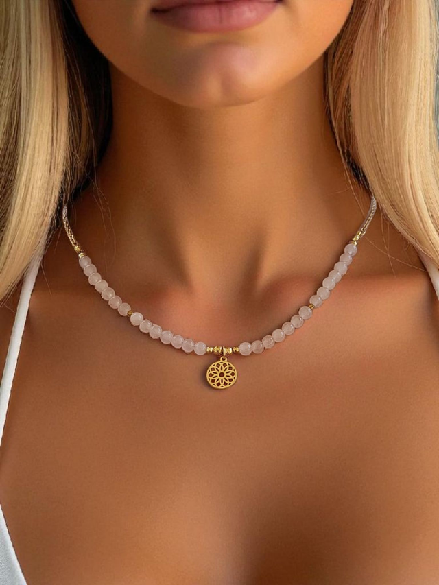 Ras de cou "Quartz Rose" &amp; Symbole Sacré – Bijou lithothérapie