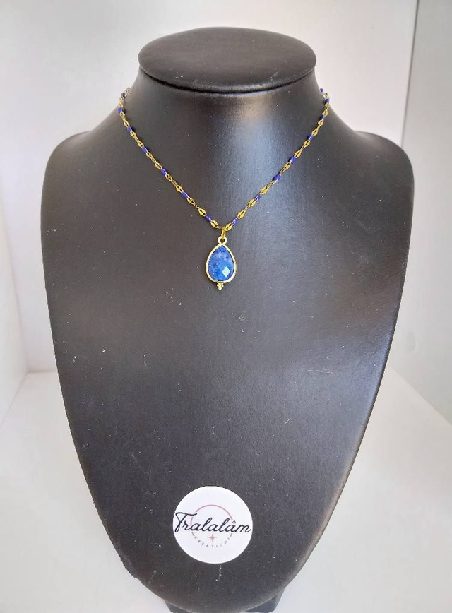 ✨Collier goutte lapis lazuli chaîne petites perles bleu marine émaillées✨