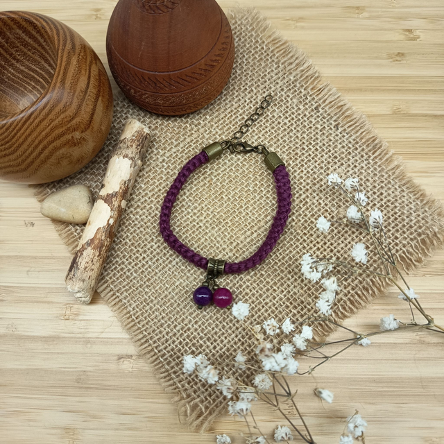 Parure aubergine et bronze - Bracelet crocheté aubergine