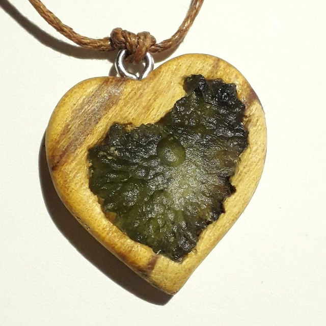 Moldavite Hearth Necklace with Hand Carved Palo Santo Wood 