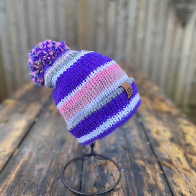 💜 Funky Chunky Bobble Hat – Purple, Rose &amp; Grey Mix – Handmade in Scotland