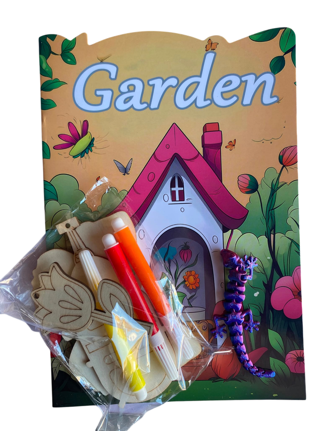 Kids Garden Activity Set – Flower Wooden Crafts, Markers &amp; Articulated Lizard Toy  