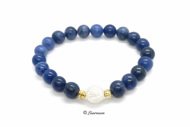 Bracelet « Glas »Sodalite &amp; Cristal de Roche Craquelé – Plaqué Or 24K