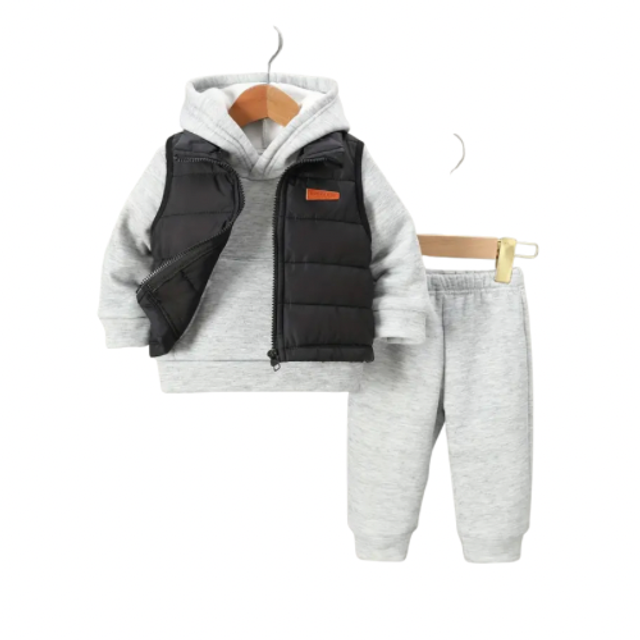 3-delige set broek trui met bodywarmer grijs zwart 