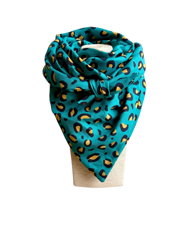 Foulard triangle - LEOPARD turquoise et jaune