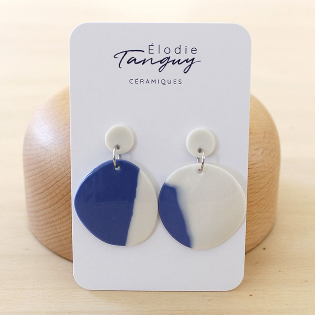 Boucles d’oreilles en porcelaine – Rondes - Bleu et blanc - Brillant