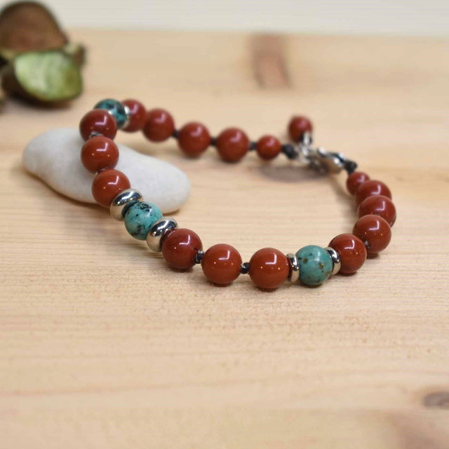 Bracelet homme avec anneaux aciers et pierres en jaspe brique et turquoise africaine