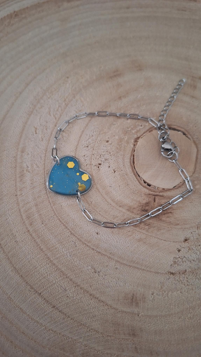 Bracelet cœur bleu paillettes dorées 