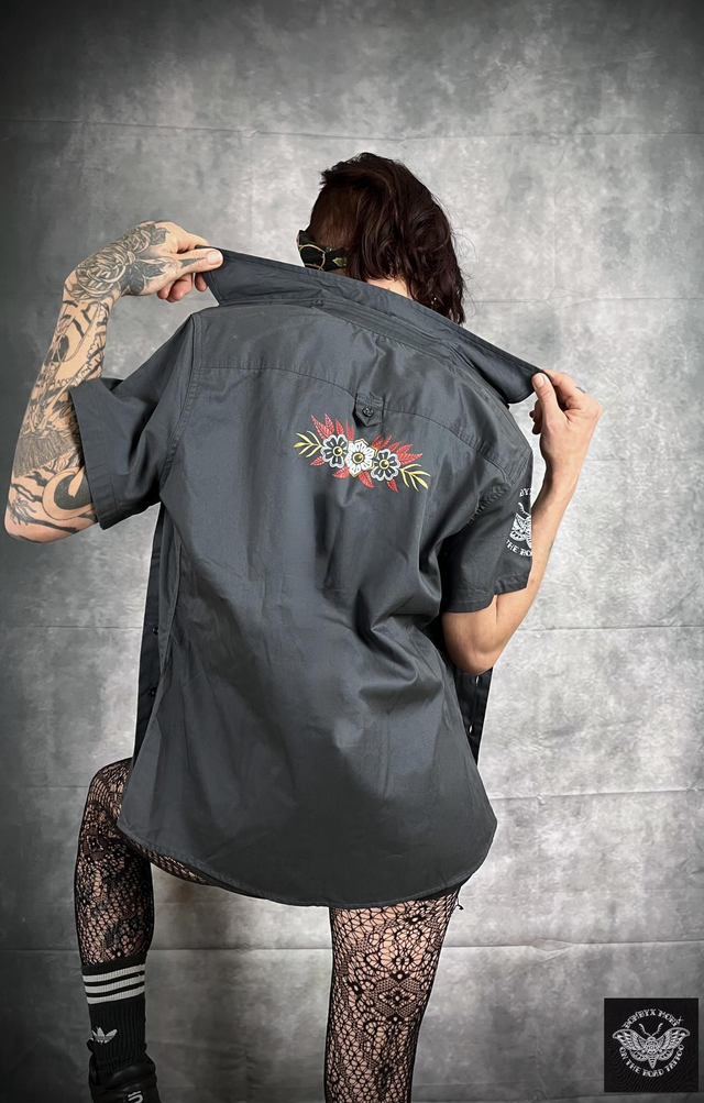 Chemise style Pin up "Ancre &amp; Fleurs" Gris Zinc