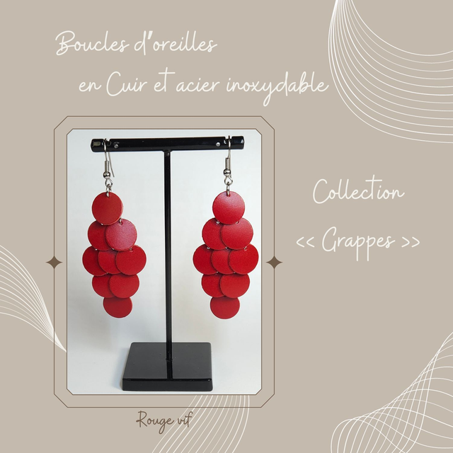 Boucles d&#039;oreilles Grappe en cuir - Rouge vif