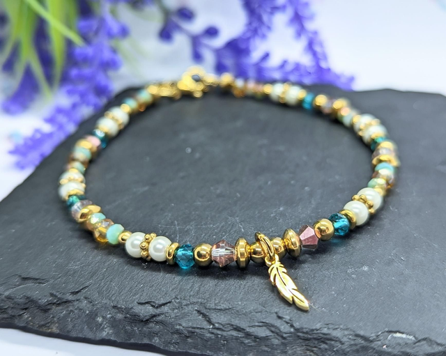 Gold Tone Plated Stainless Steel Boho Beaded Anklet with Feather Charm 